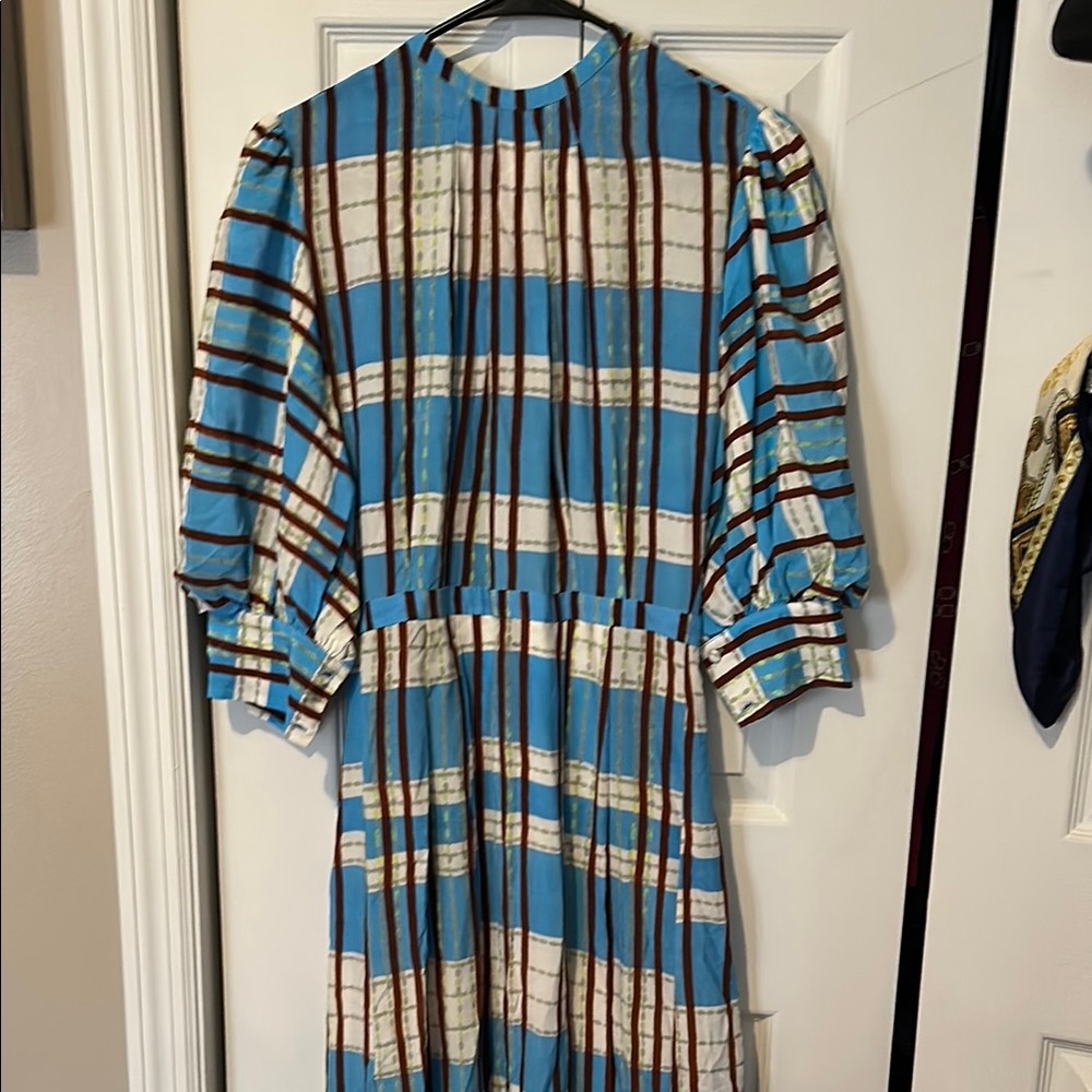 HUNTER BELL Blue and Brown Plaid Midi Dress